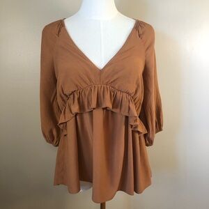 Pink Lily Brown Ruffled V-Neck 3/4 Sleeve Blouse Size XS